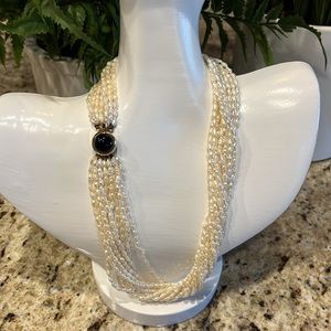 Gorgeous 12-Strand Fresh Water Pearl & Onyx Necklace